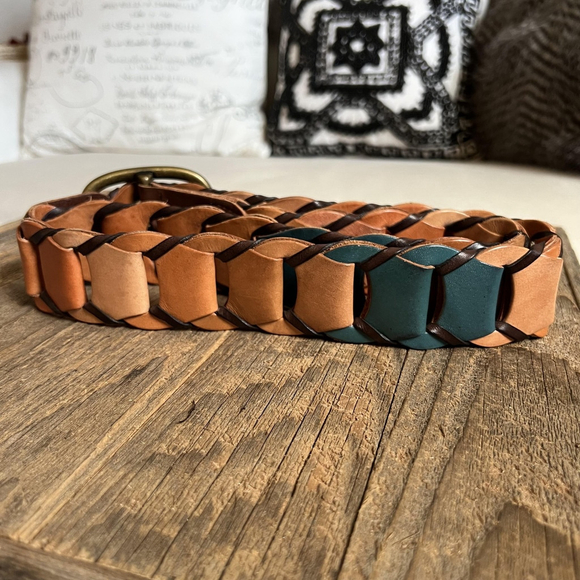 Artisan Leather Belt Womens One Size Brown Teal Braided Boho Chunky Wide - Picture 11 of 11